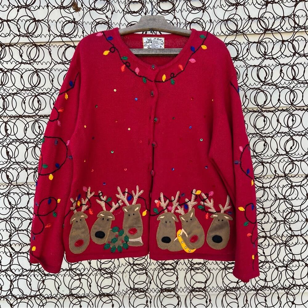Vintage Heirloom Collectibles red Ugly Christmas cardigan sweater reindeer games